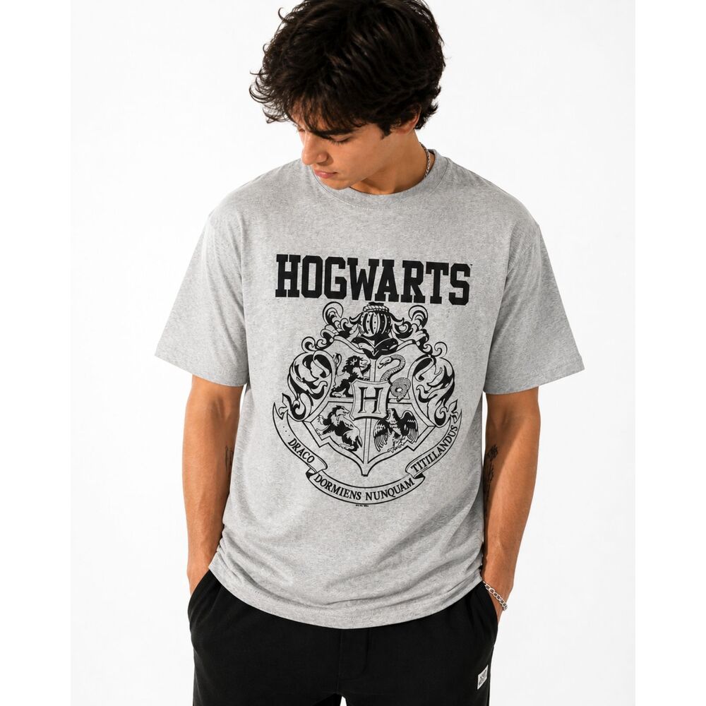 Harry Potter Hogwarts Logo Graphic Tee Gray Unisex Cotton Blend Size M